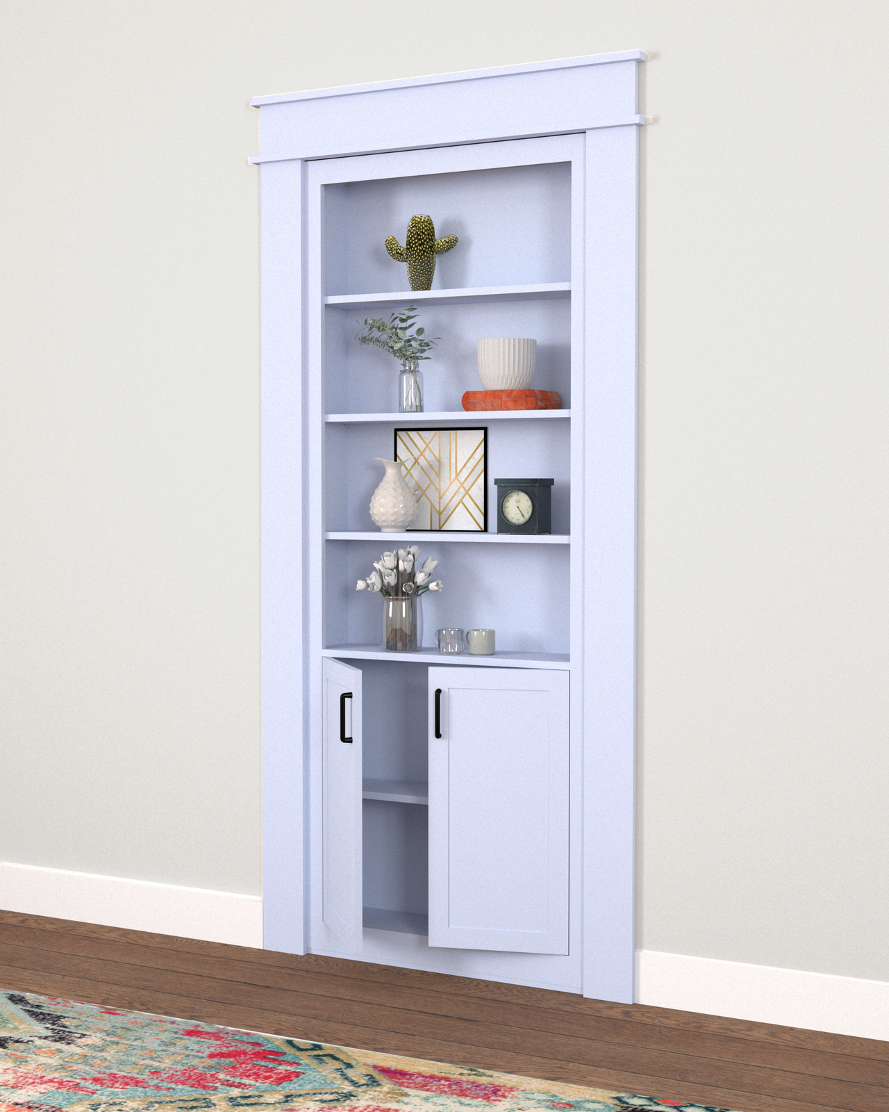 Single Hidden Bookcase Door – Upper Shelves & Base Cabinet (Style 3)