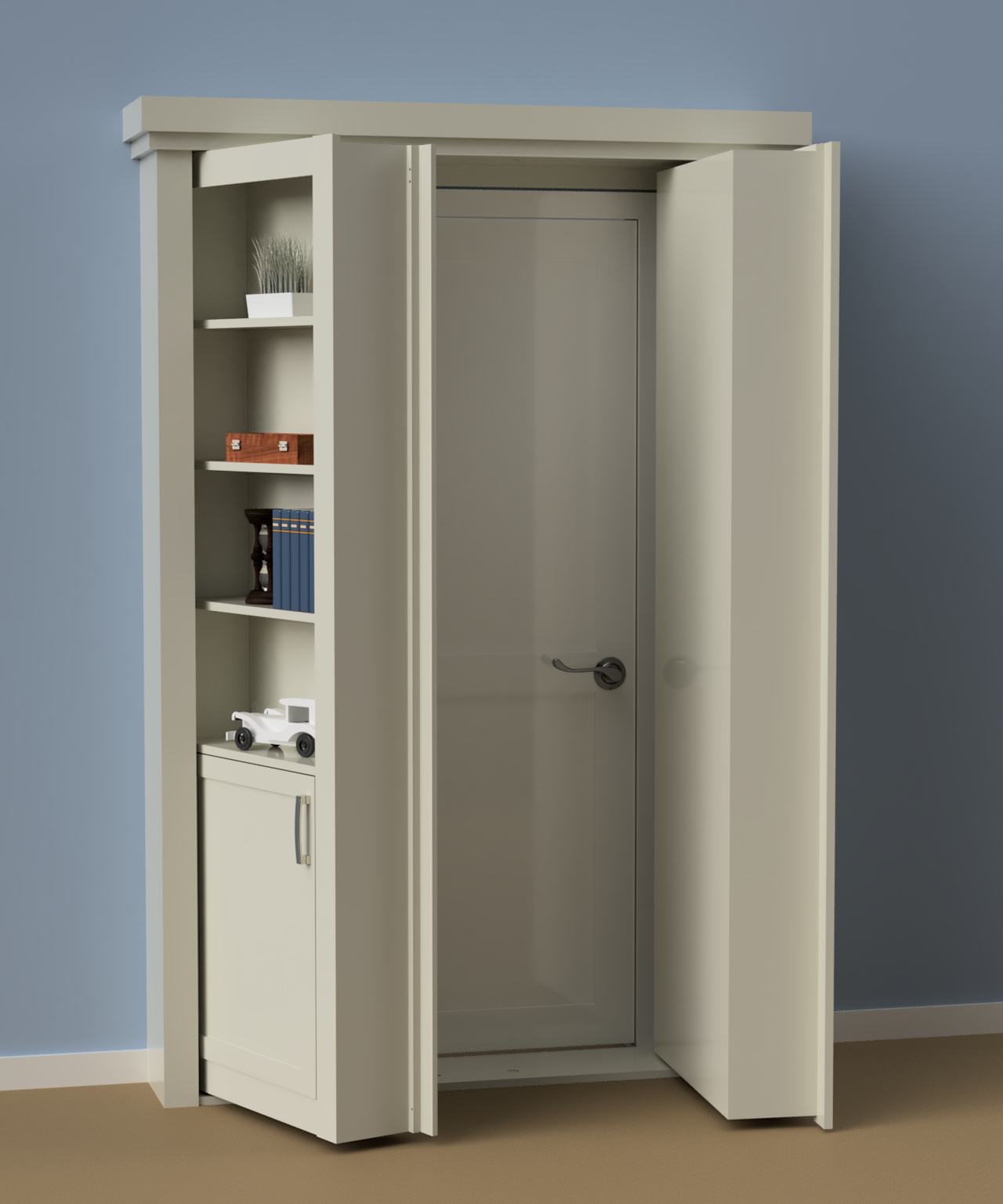 Wall Mount Hidden Bookcase Door – Lower Cabinet Storage (Style 2)