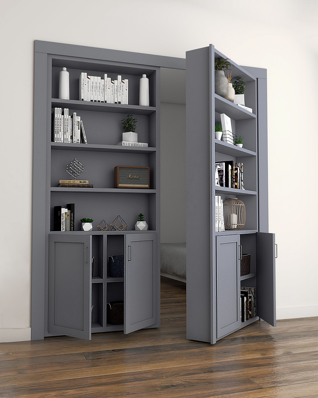 Double Hidden Bookcase Door – Cabinet Base Design (Style 3)