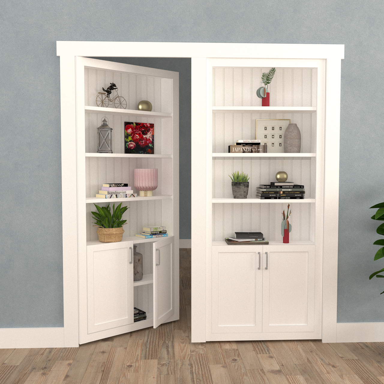 Double Hidden Bookcase Door – Cabinet Base Design (Style 3)