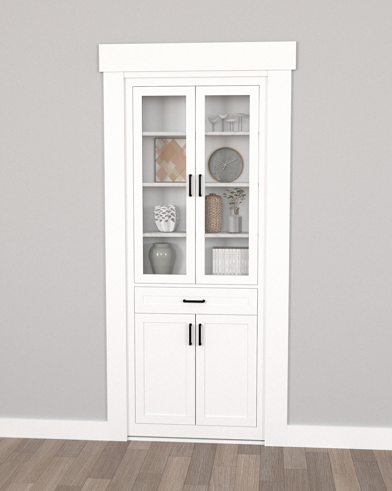 Single Hidden Bookcase Door – Glass Front Cabinet (Style 6)