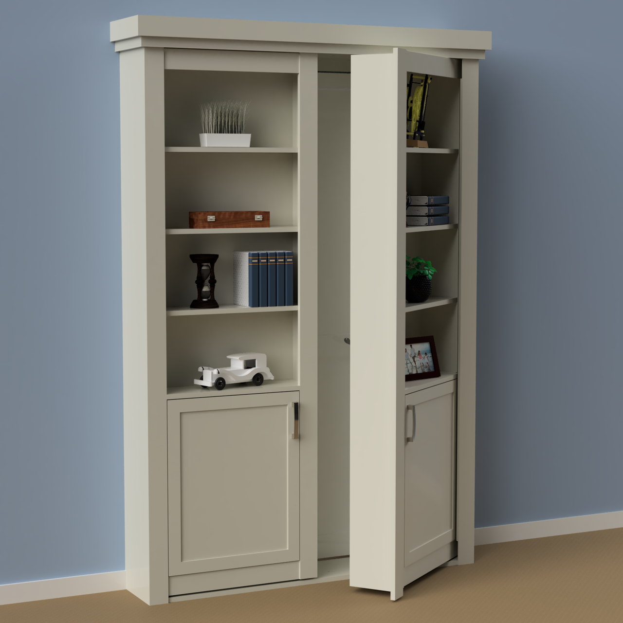 Wall Mount Hidden Bookcase Door – Lower Cabinet Storage (Style 2)