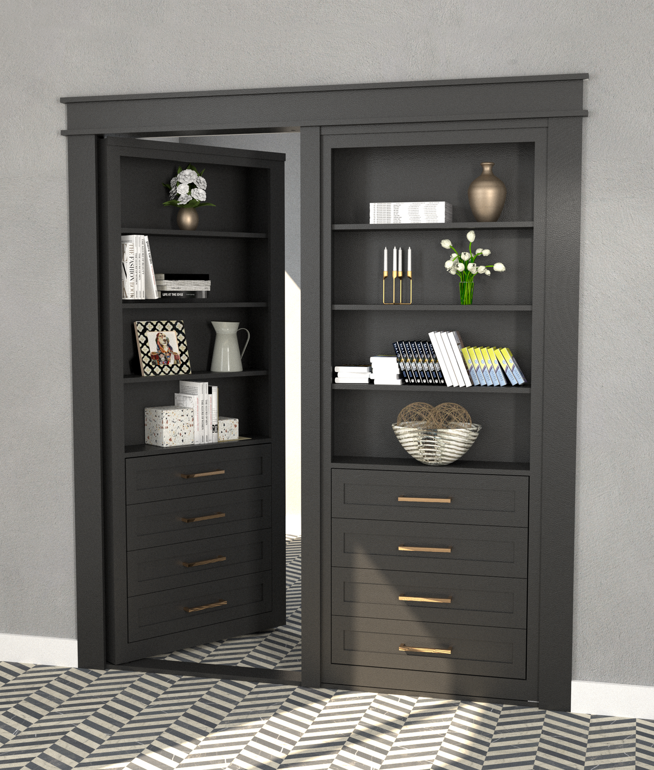 Double Hidden Bookcase Door – Drawer Base Design (Style 4)