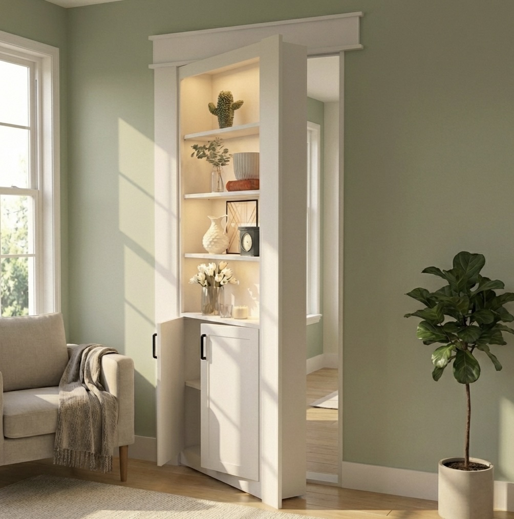 Single Hidden Bookcase Door – Upper Shelves & Base Cabinet (Style 3)