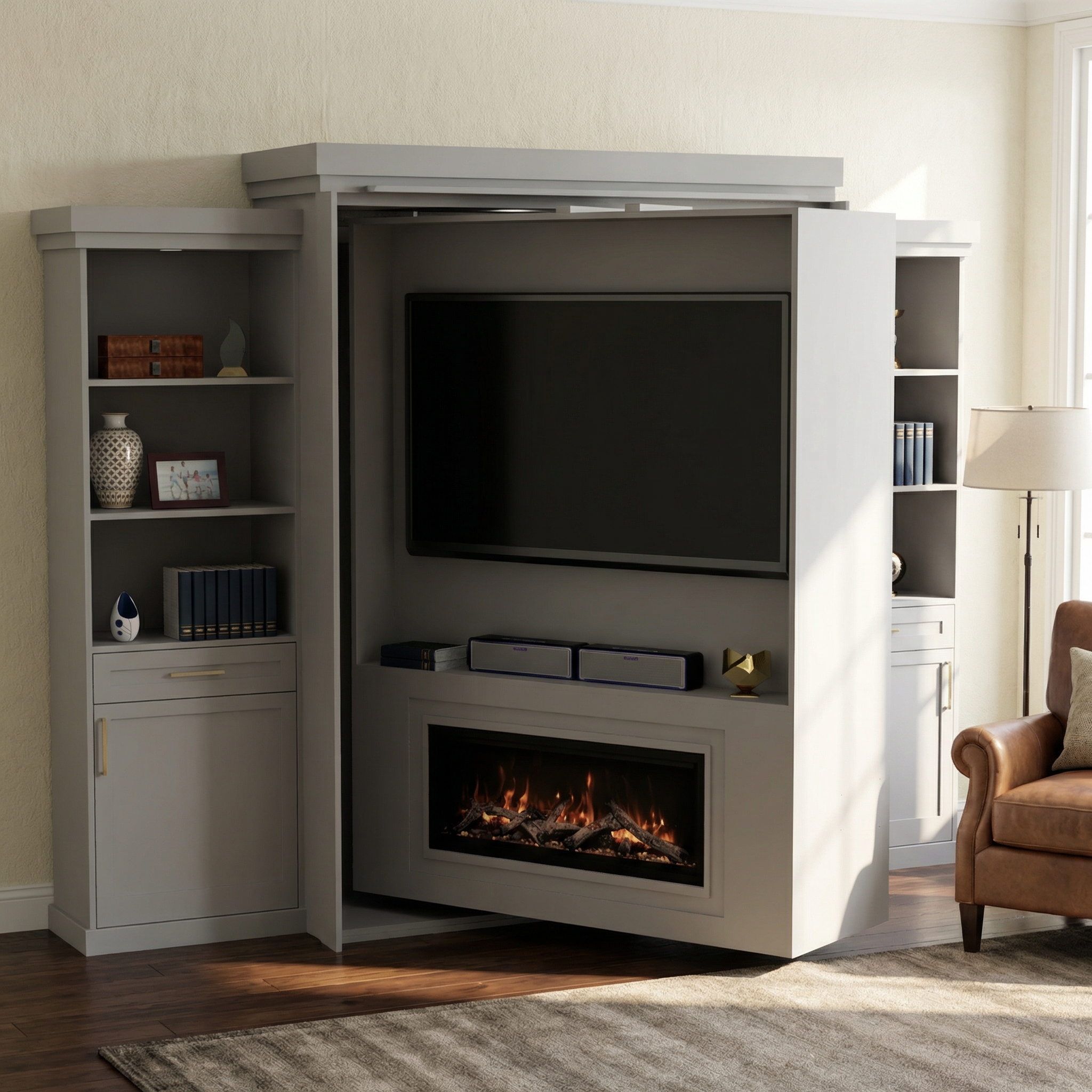 Rotating Murphy Bed Cabinet with Fireplace (Style 6)
