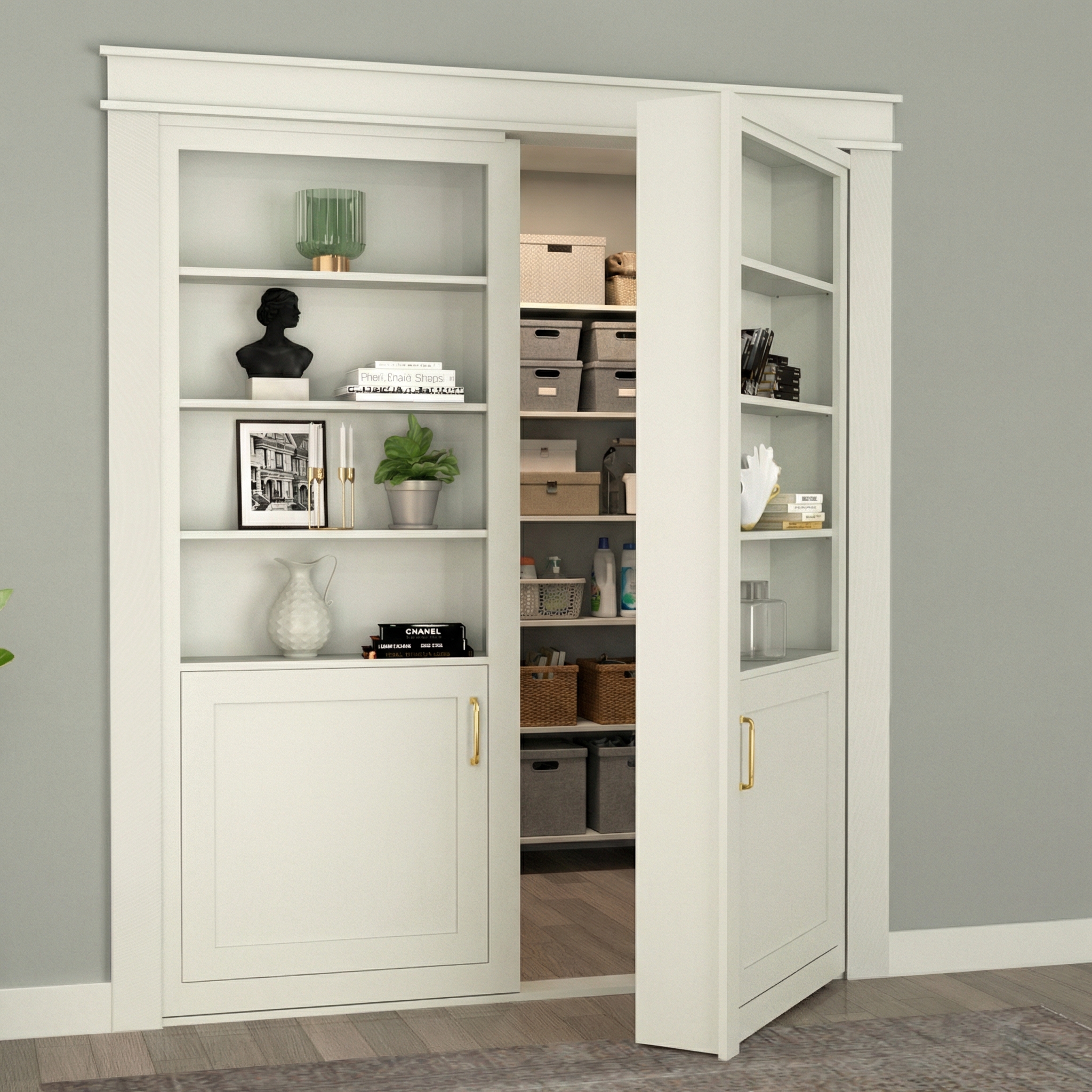 Double Hidden Bookcase Door – Lower Cabinet Storage (Style 2)