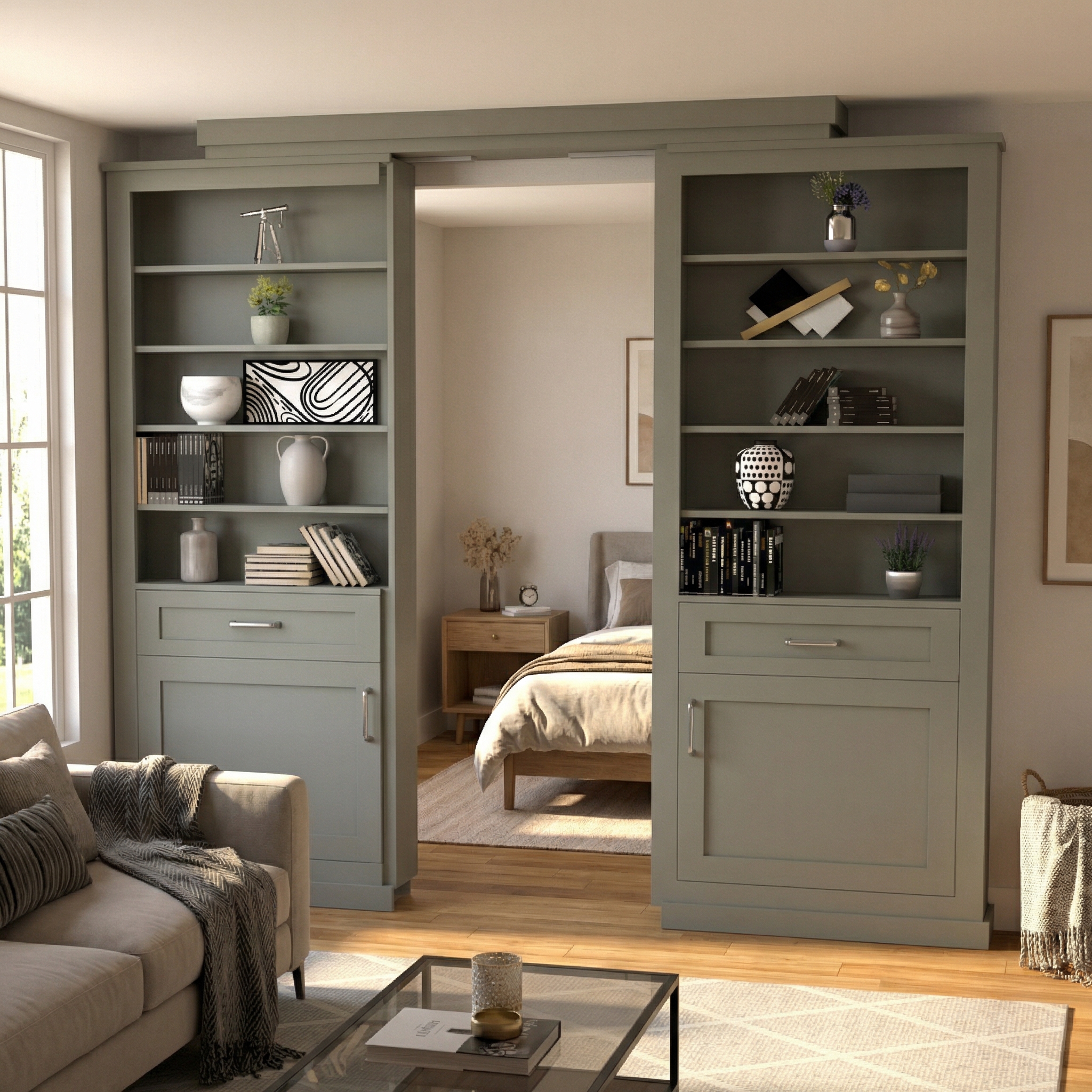 Double Sliding Bookcase Door – Contemporary Shelving (Style 3)